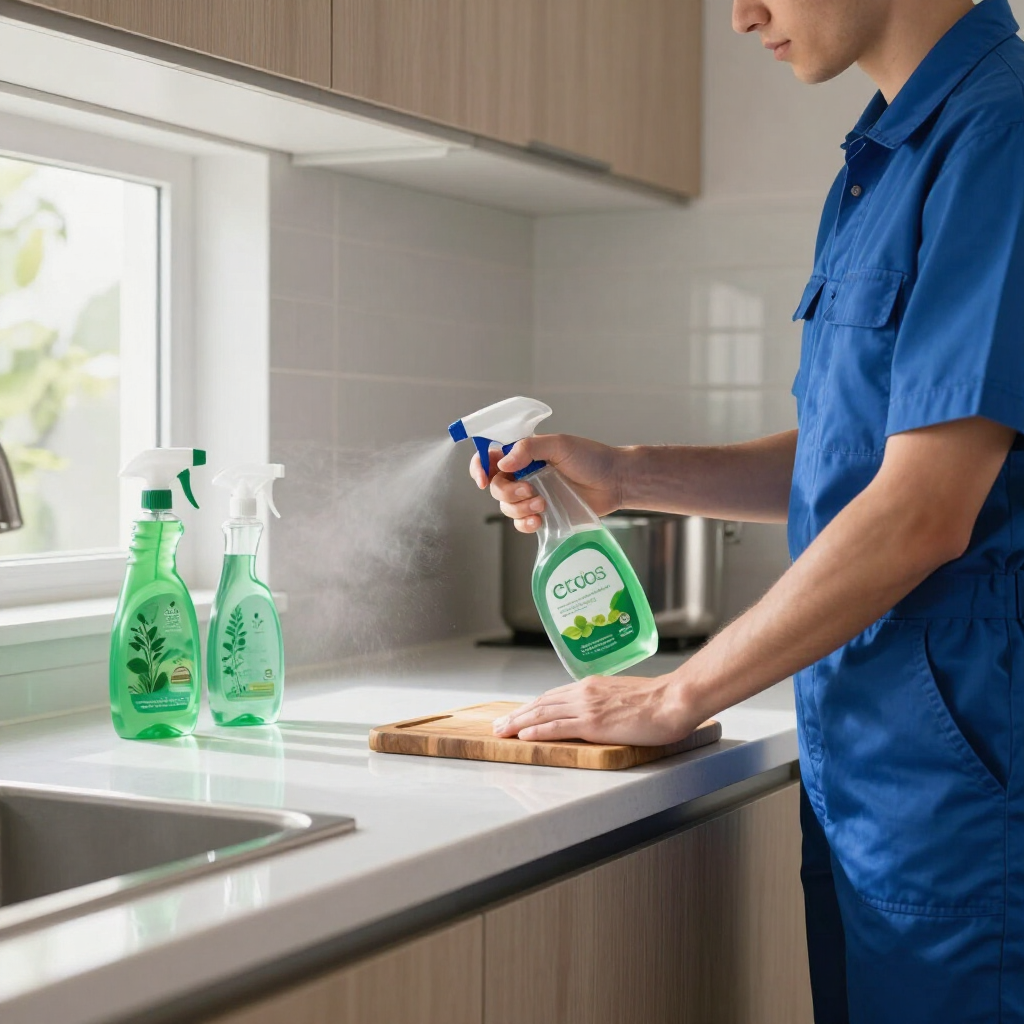 Person in blue uniform spraying cleaner on a kitchen countertop near a sink and window.