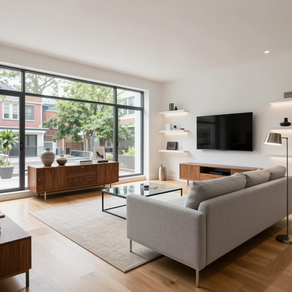 Modern living room with light gray sofa, wall-mounted TV, wood accents, and large window to a patio