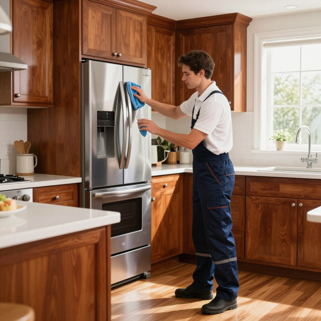 Person cleaning a stainless steel refrigerator in a bright kitchen