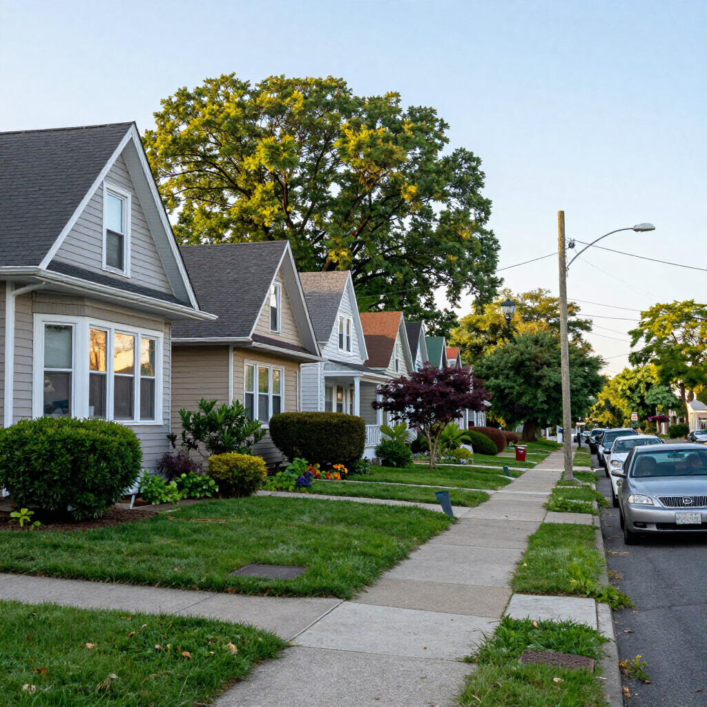 Quiet suburban street with houses, trees, sidewalks, and parked cars at dusk