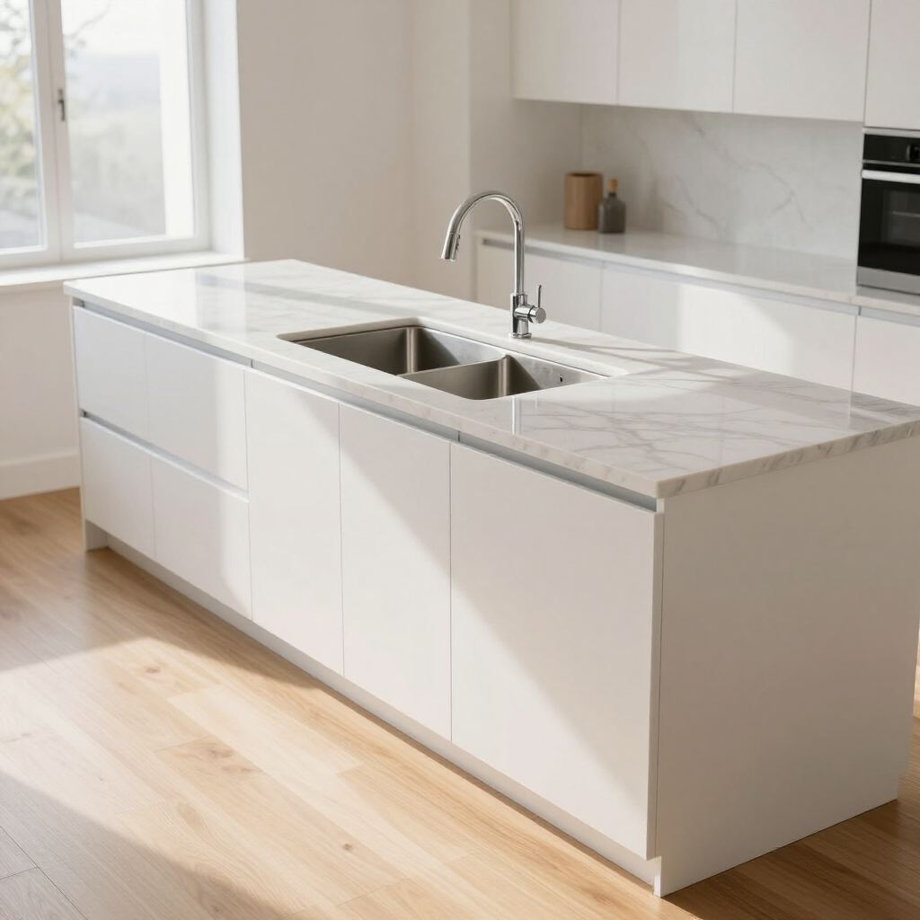 Bright modern kitchen island with white cabinets, light wood floor, and a stainless steel sink under a window