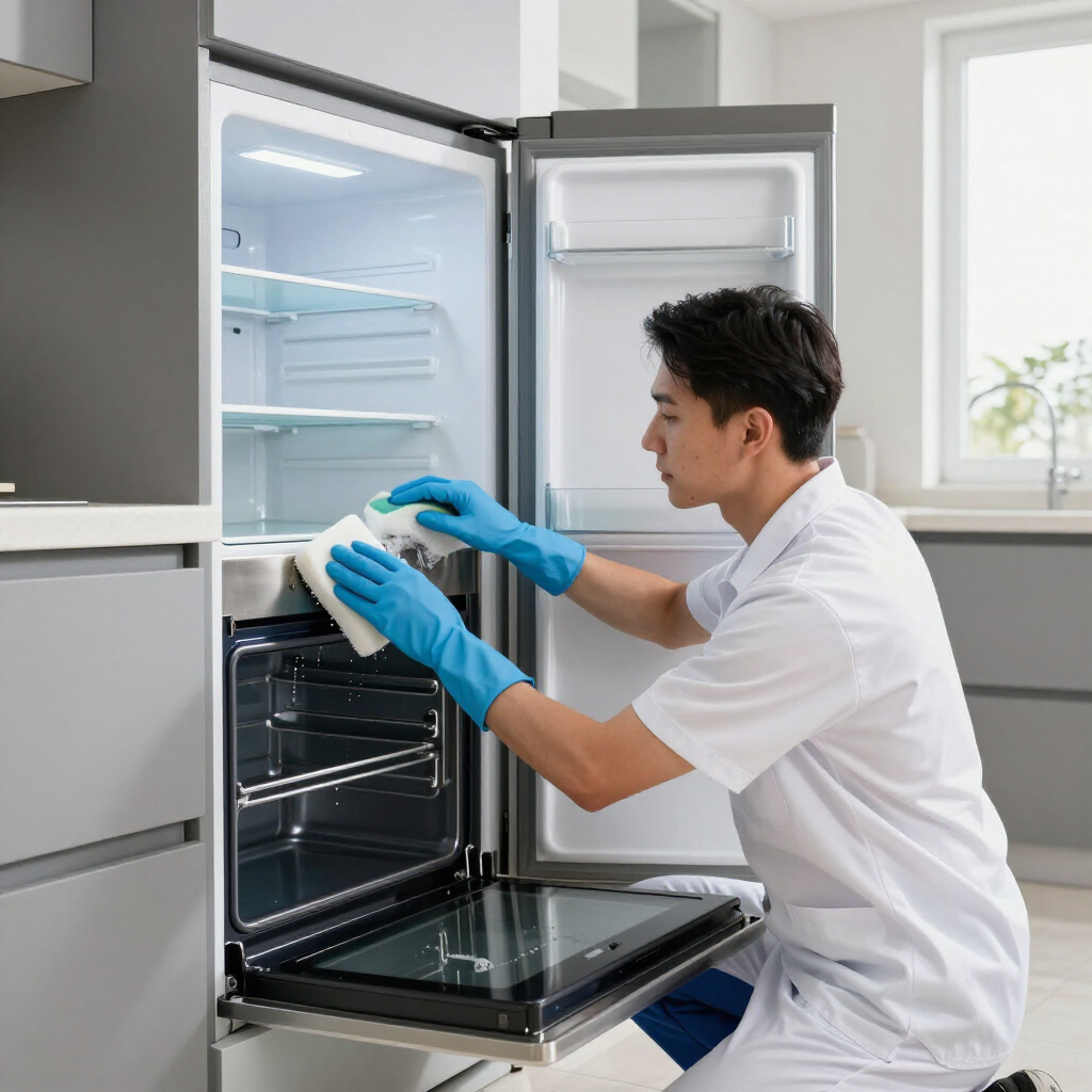 Technician cleaning an open stainless-steel refrigerator in a bright kitchen