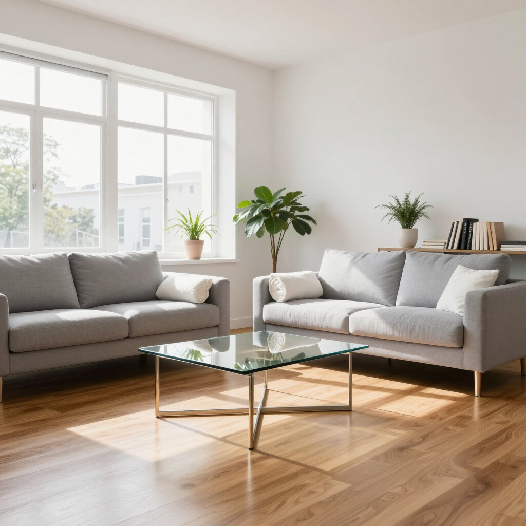 Bright modern living room with two gray sofas, glass coffee table, and sunlit wood floor by large windows