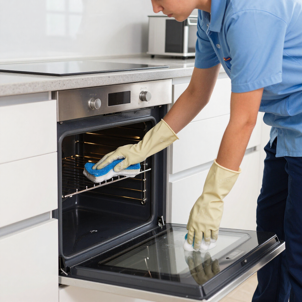 Person in gloves cleaning the inside of a stainless steel oven in a kitchen