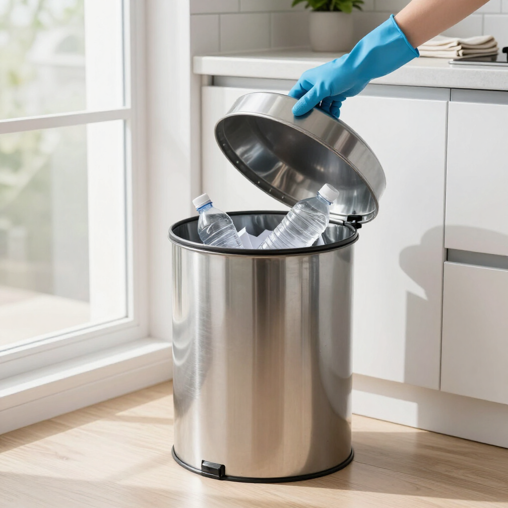 Gloved hand drops plastic bottles into a stainless steel recycling bin in a bright kitchen