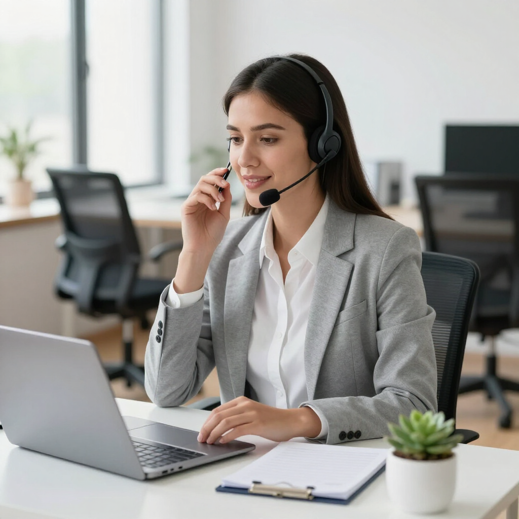 Woman in gray blazer wearing headset, speaking at laptop in bright office with notebook and coffee cup