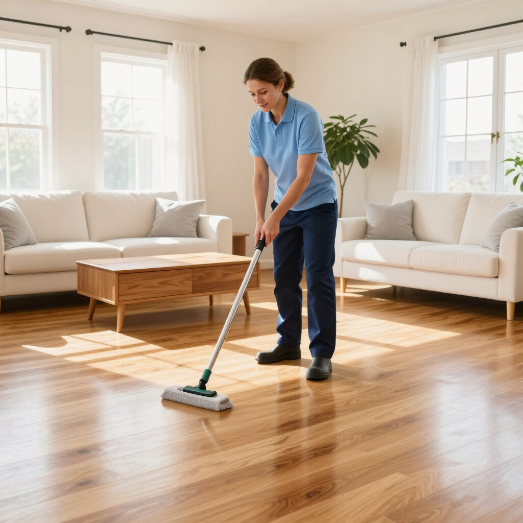 Person mopping a sunlit hardwood floor in a bright living room