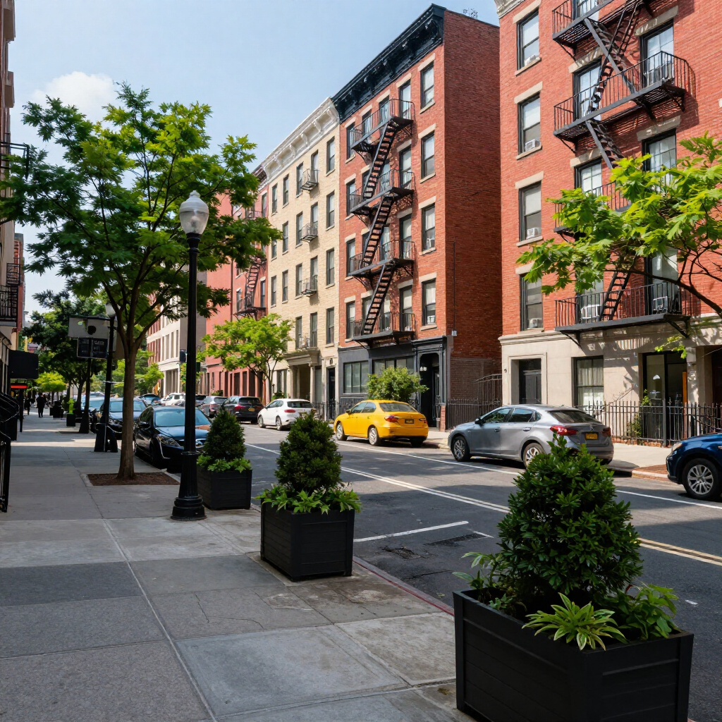Sunny city street with brick apartment buildings, parked cars, and sidewalk planters