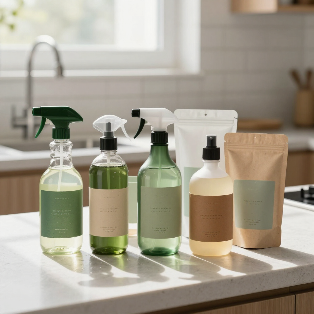 Five eco-friendly cleaning bottles and a refill pouch lined up on a sunlit kitchen counter