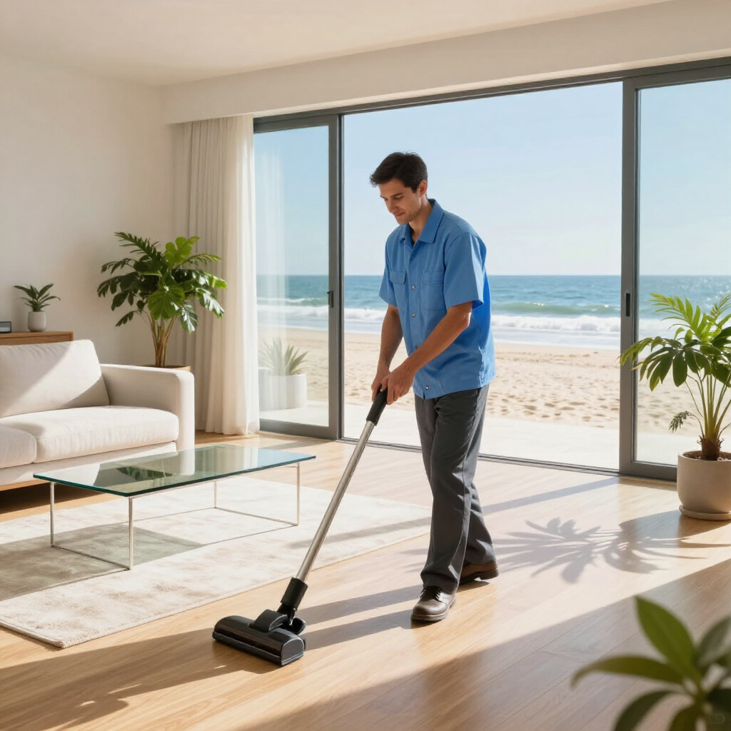 Man vacuuming a bright living room with ocean view through sliding glass doors
