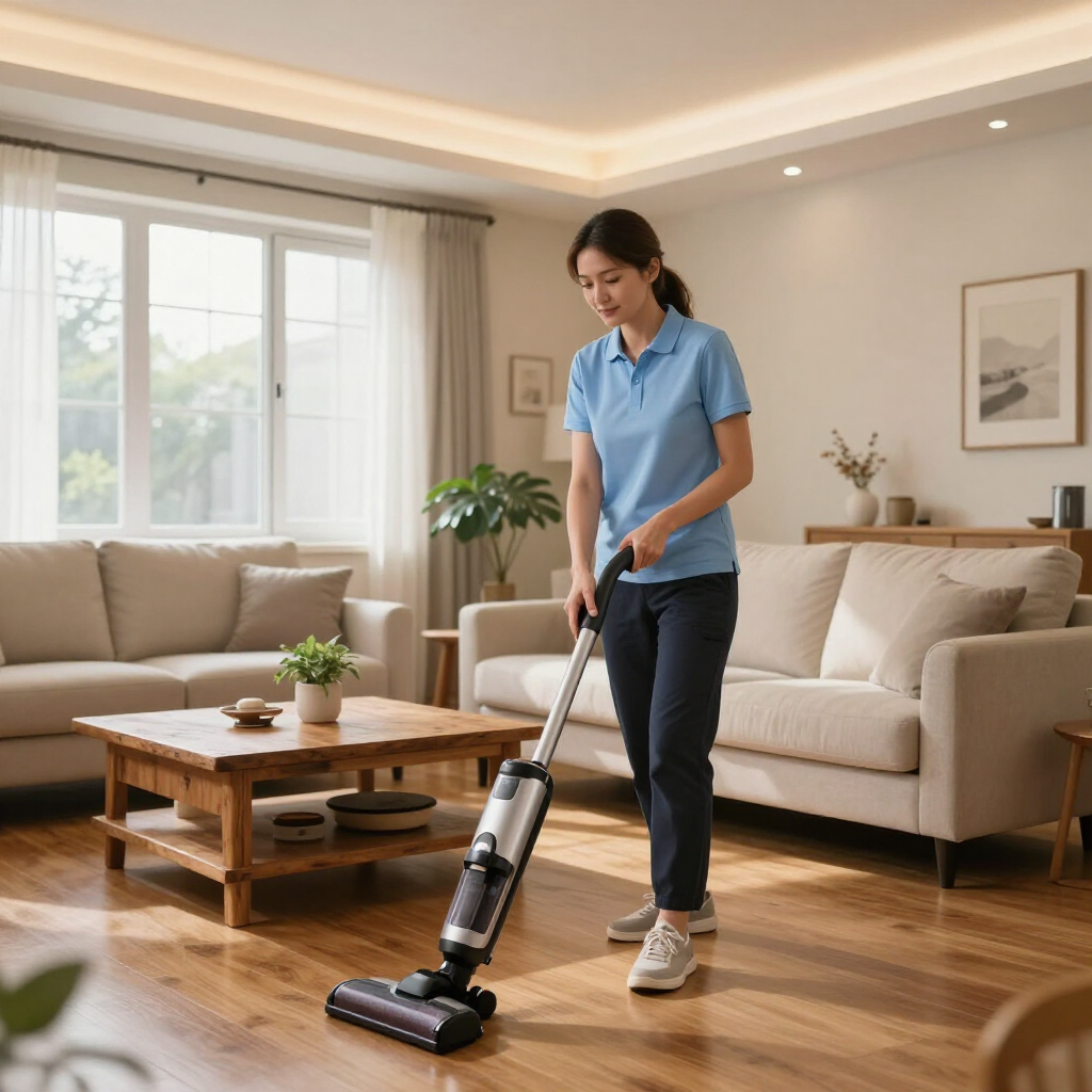 Person vacuuming a bright living room with a cordless stick vacuum