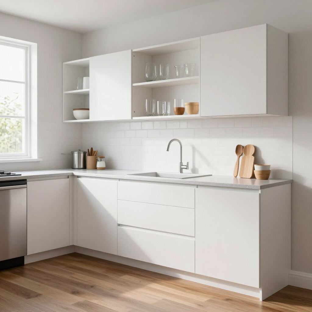 Bright white modern kitchen with wood floor, open shelves, sink, and minimalist cabinets