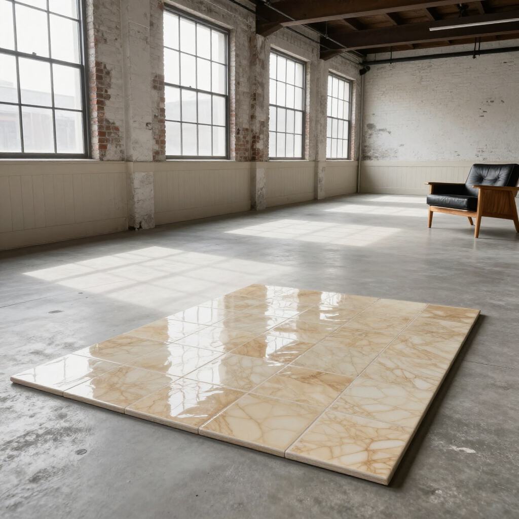 Glossy beige tiled panel on a concrete floor in a bright industrial loft space