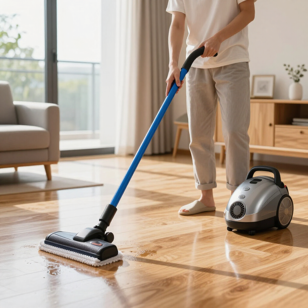 Person mopping a sunlit hardwood floor with a blue vacuum nearby