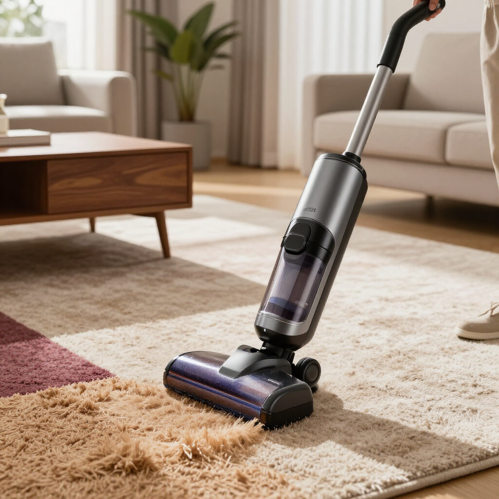 Cordless vacuum cleaning a beige rug in a bright living room