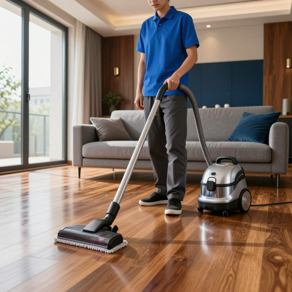 Person vacuuming a polished living room floor beside a sofa and canister vacuum cleaner.
