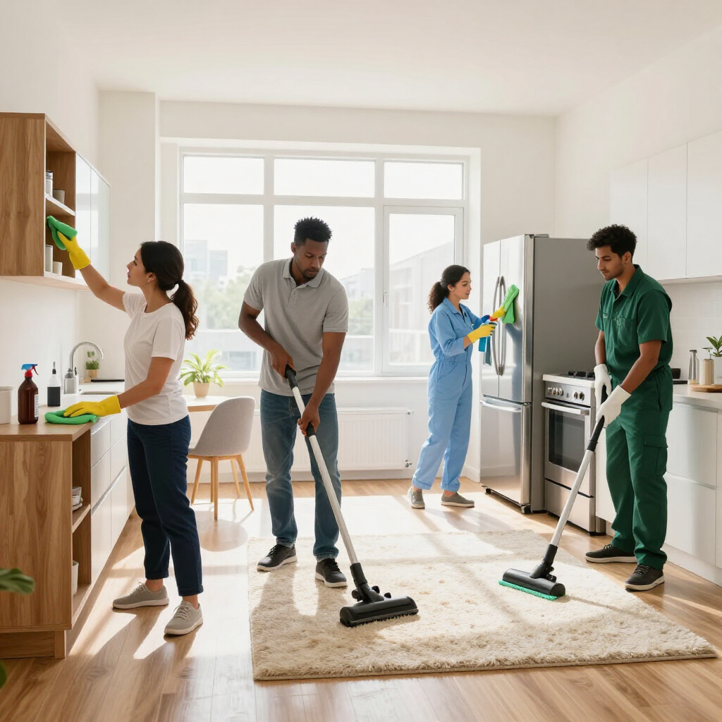 People cleaning a bright kitchen and dining area with mops, spray bottles, and cleaning supplies