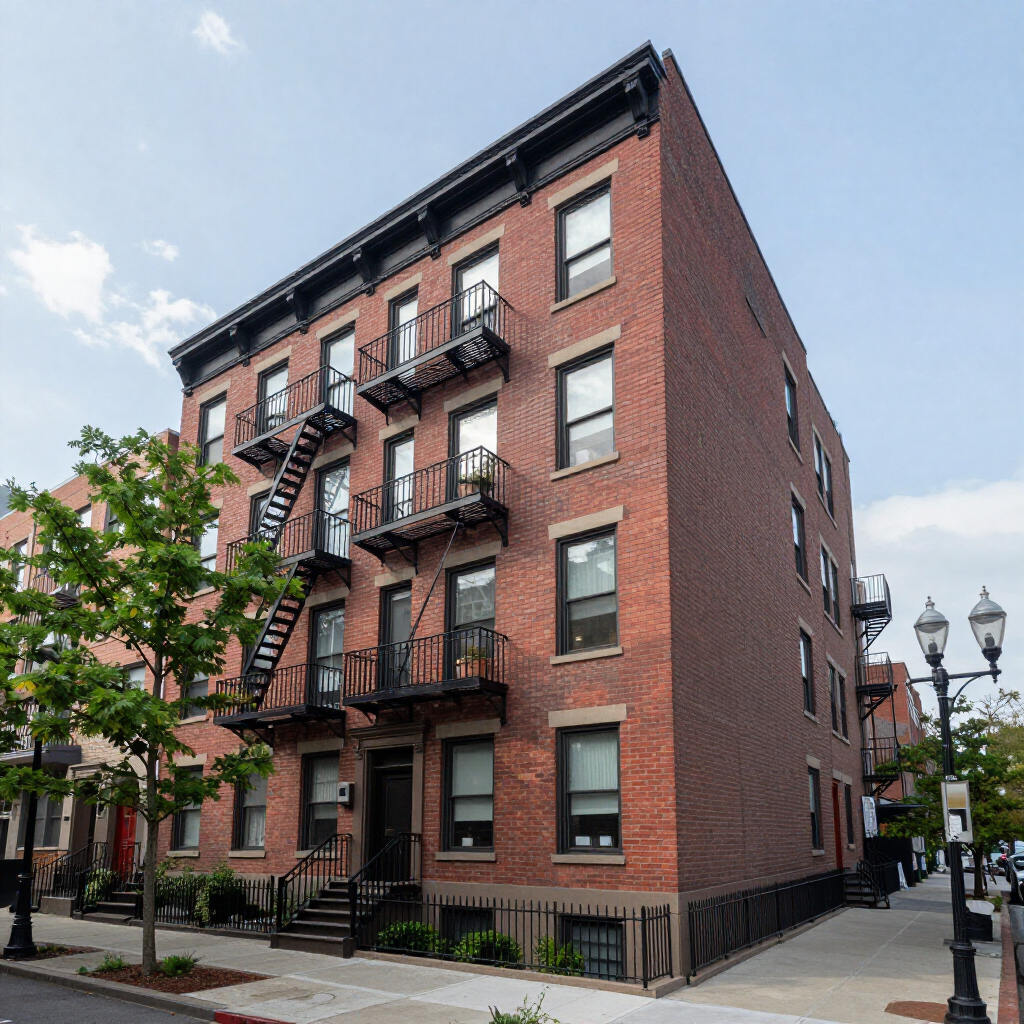 Red brick apartment building with fire escapes on a city street corner