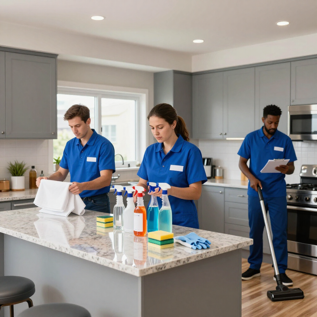 Cleaning crew in blue uniforms cleaning a bright kitchen with supplies on the counter