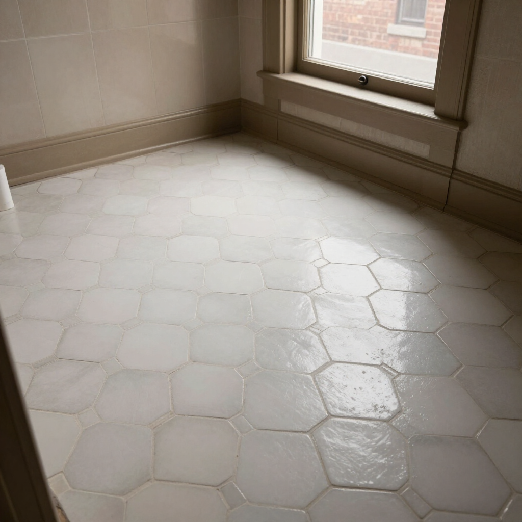 Empty tiled room with a sunlit window and white floor tiles reflecting light