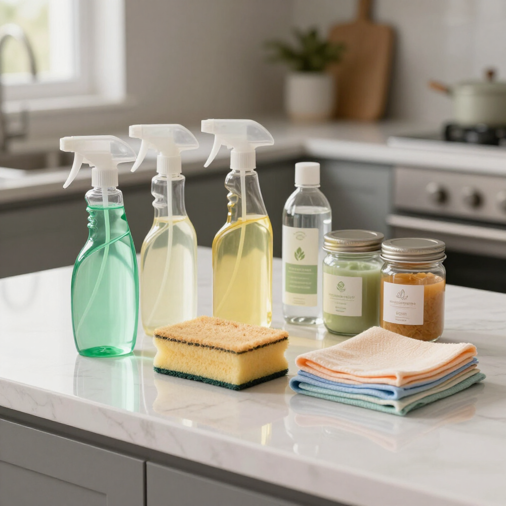 Colorful cleaning sprays, sponges, and cloths arranged on a kitchen counter.