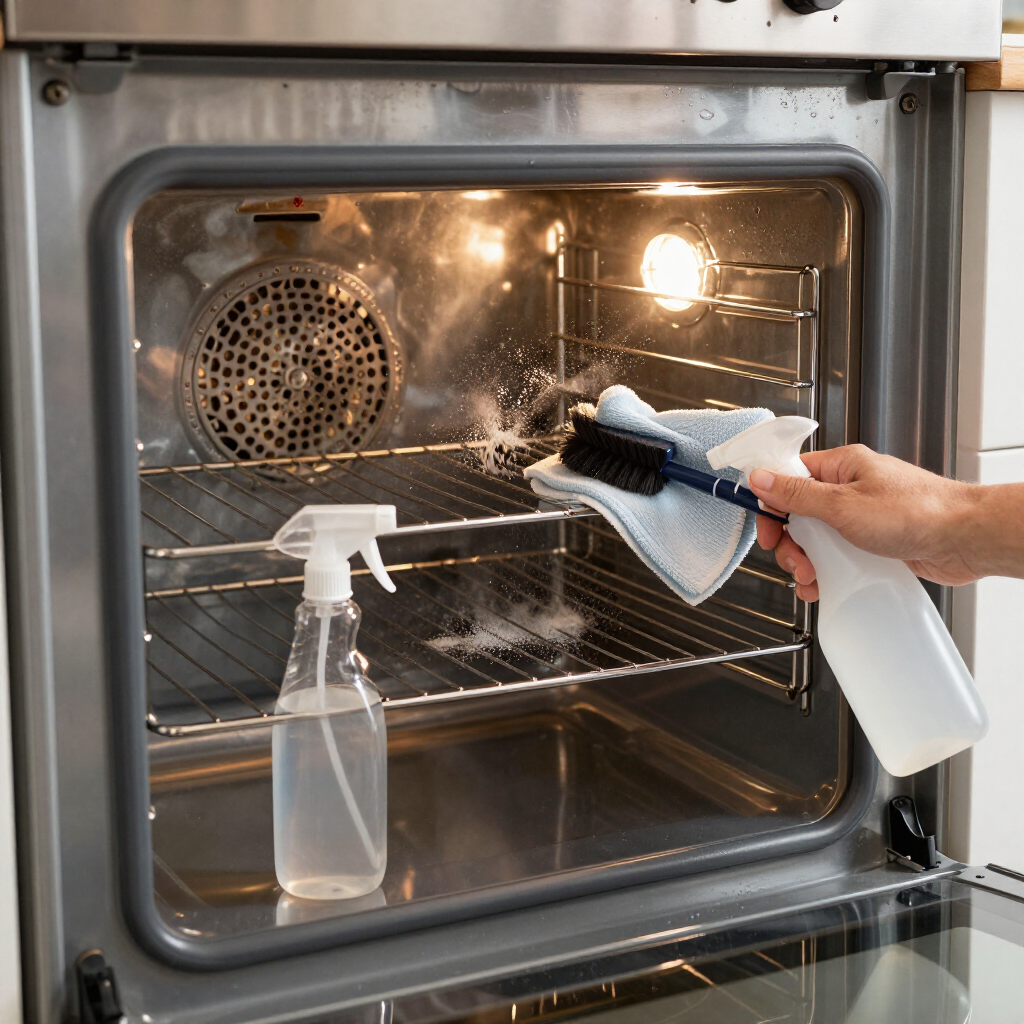 Hand cleaning an oven interior with spray bottles and a sponge