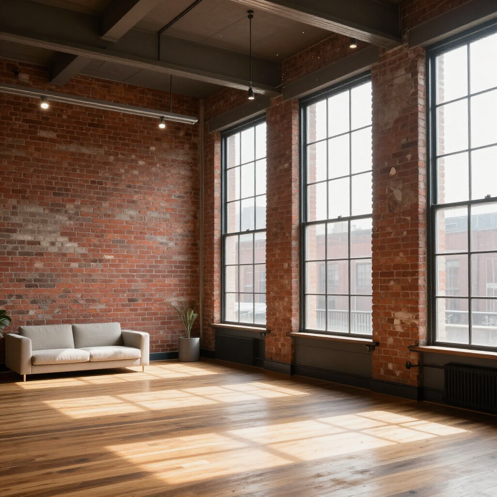 Sunny loft interior with exposed brick walls, tall windows, wooden floors, and a gray sofa