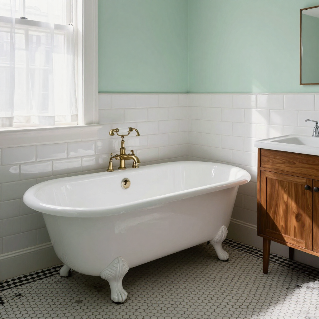 Bright bathroom with a white clawfoot tub, gold faucet, mint walls, and a wood vanity.