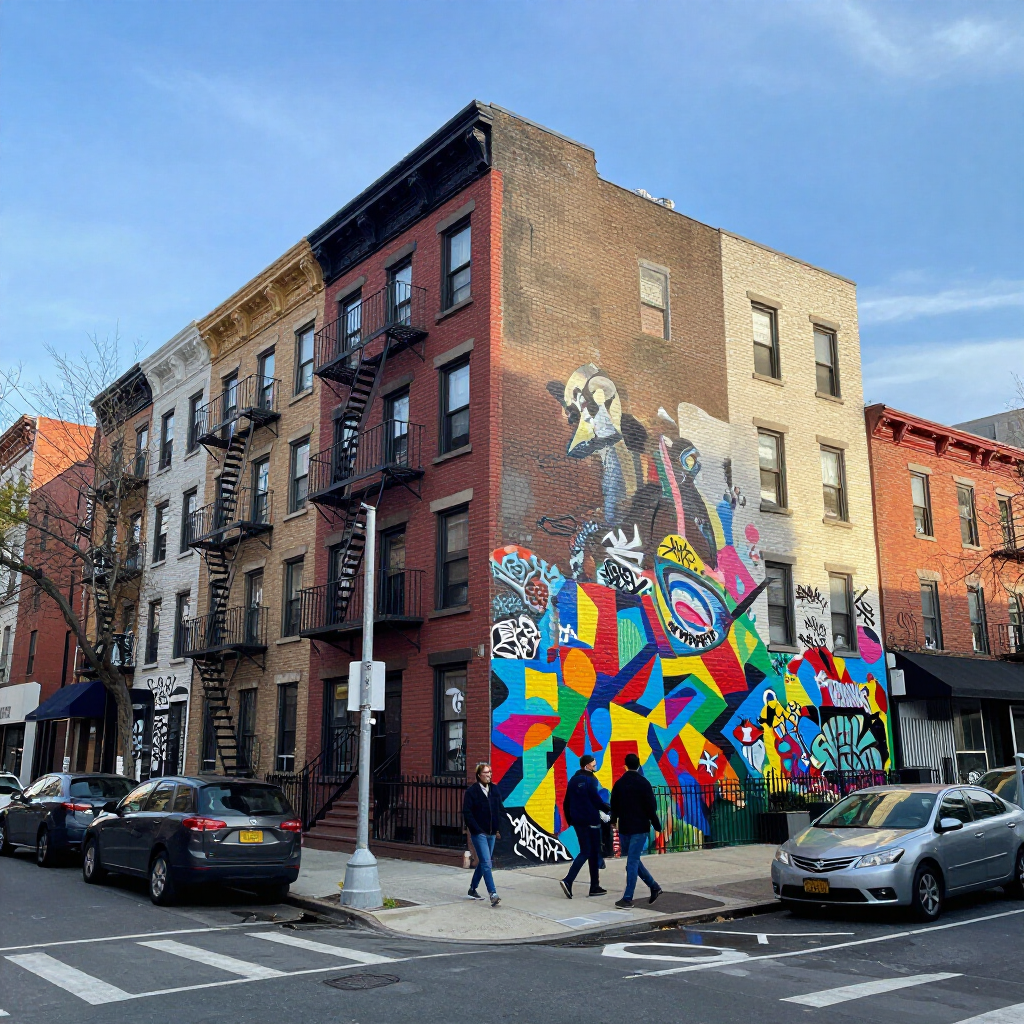 Street corner with colorful geometric mural on a brick building, pedestrians, and parked cars under a blue sky