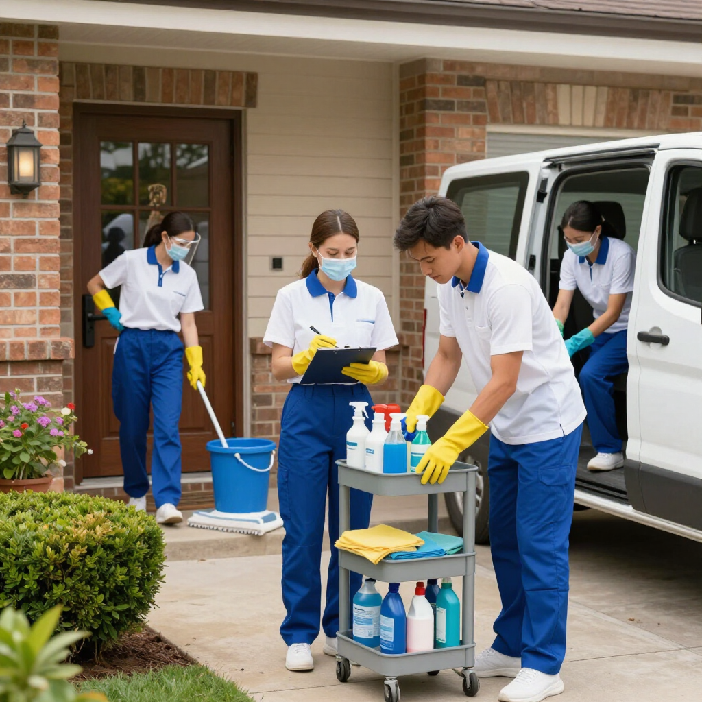 Cleaners in masks and gloves sanitize a house entryway with a supply cart and mop