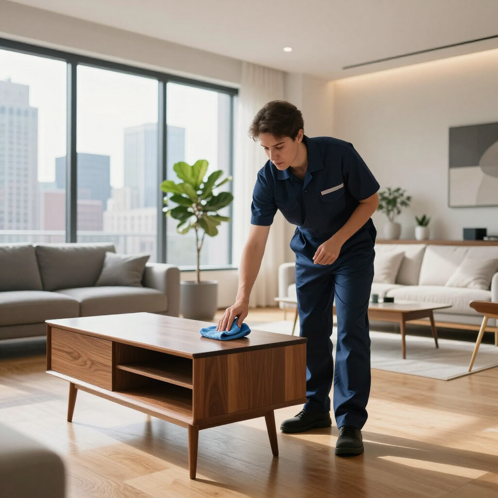Person cleaning a wooden coffee table in a bright modern living room with large windows