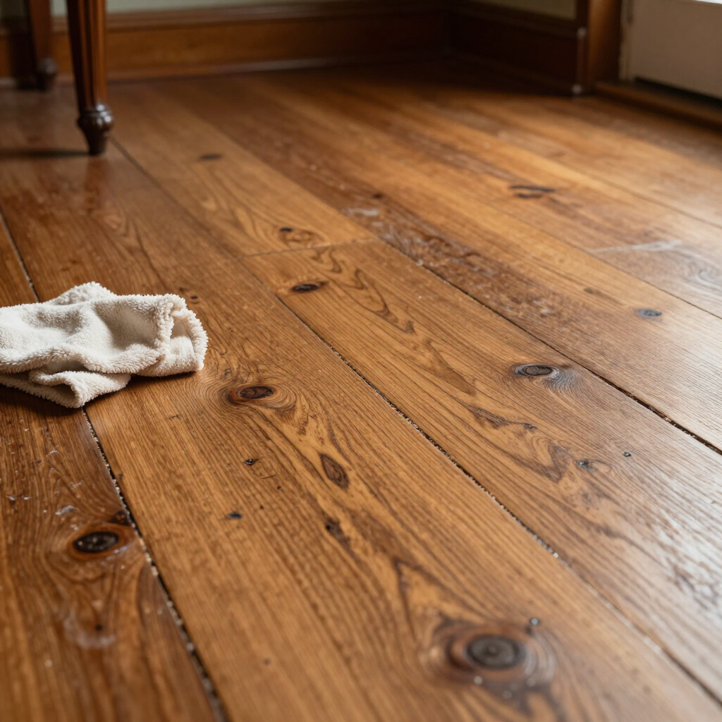 Worn wooden floor with a crumpled cloth rag on the left side