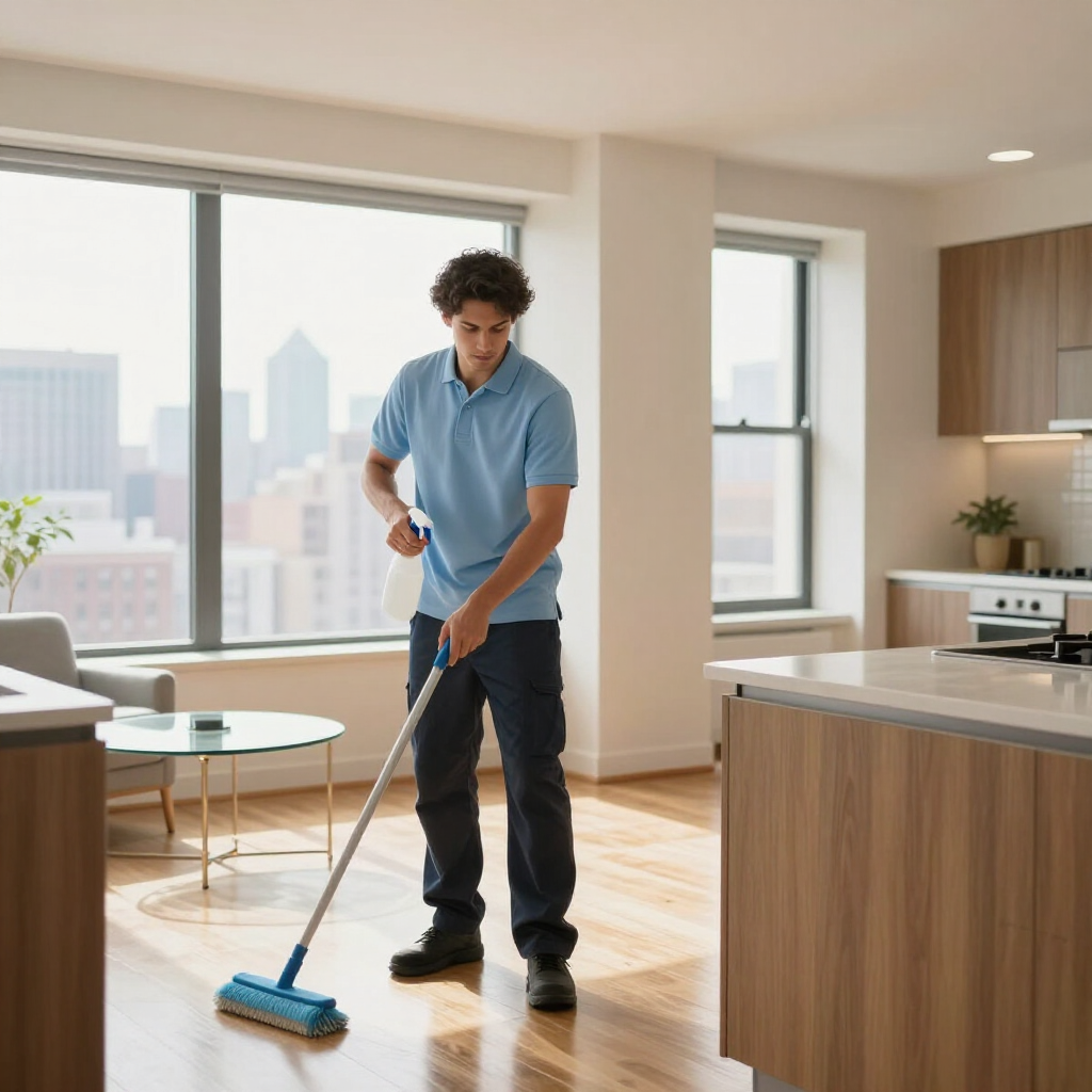 Man mopping a bright apartment kitchen and living room with large windows and city views