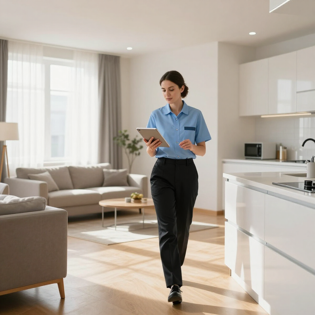 Person reading a tablet in a bright modern living room and kitchen
