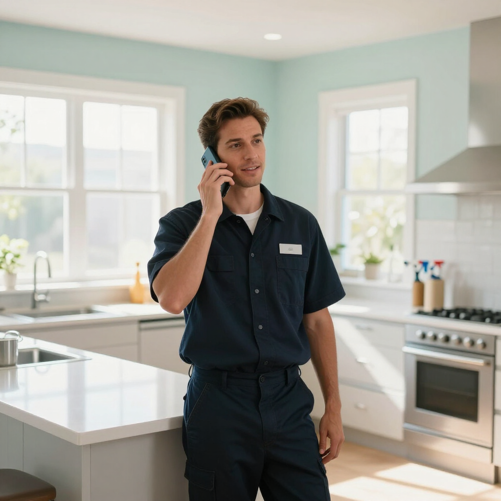 Person talking on a phone in a bright kitchen near white cabinets and a stainless steel stove