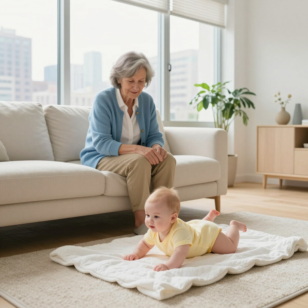 Elderly woman watching a baby crawl on a blanket in a bright living room