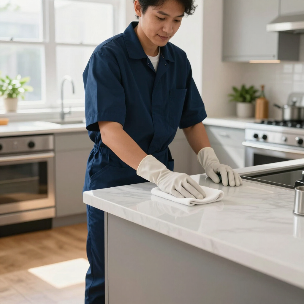Person in blue uniform cleaning a white kitchen countertop with a cloth and gloves