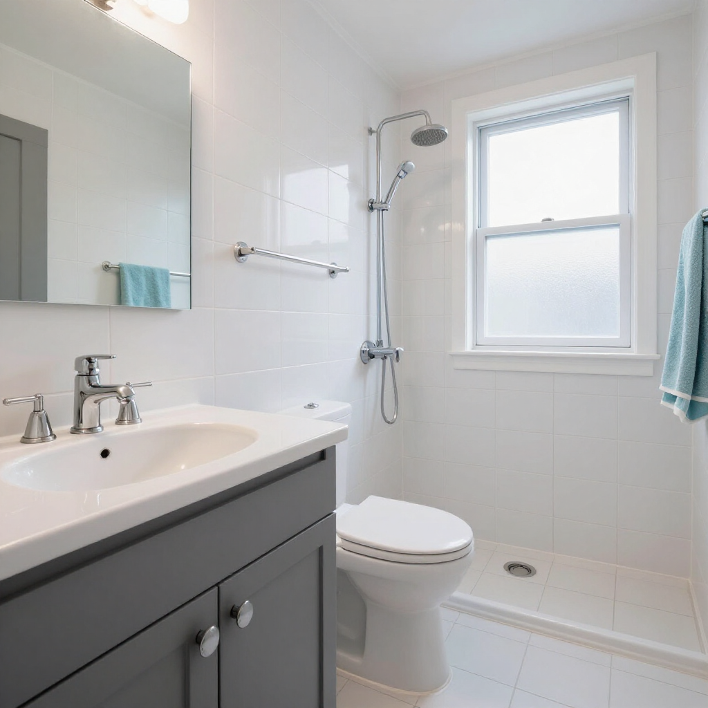 Bright white bathroom with gray vanity, toilet, shower, and a window with a light blue towel