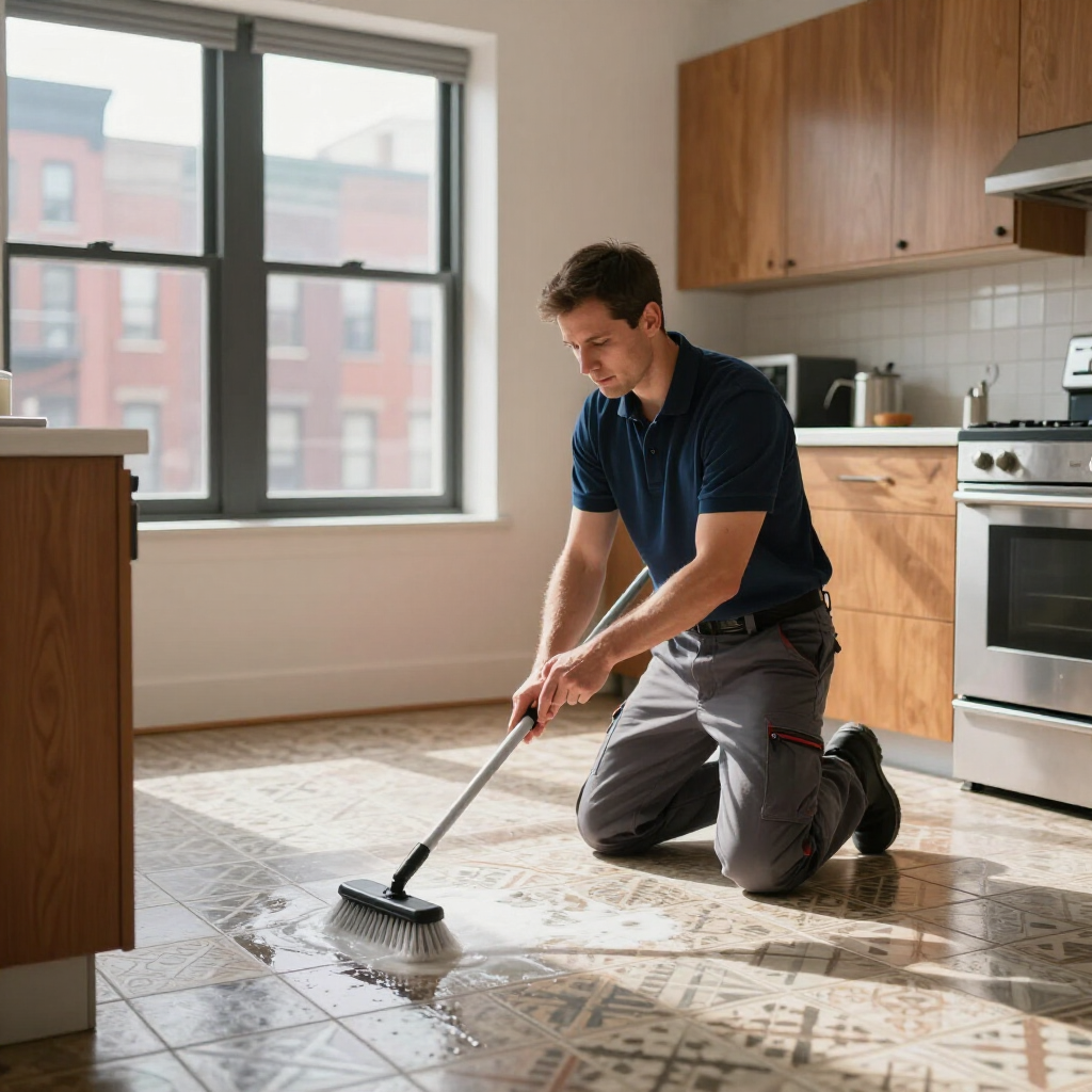 Person kneeling and scrubbing a wet kitchen floor with a brush in a sunlit apartment kitchen