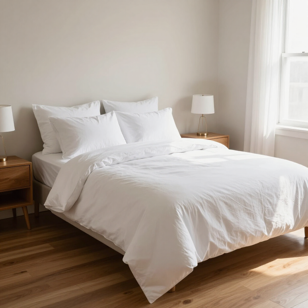 Neatly made white bed with pillows in a bright bedroom beside a window and wooden nightstands