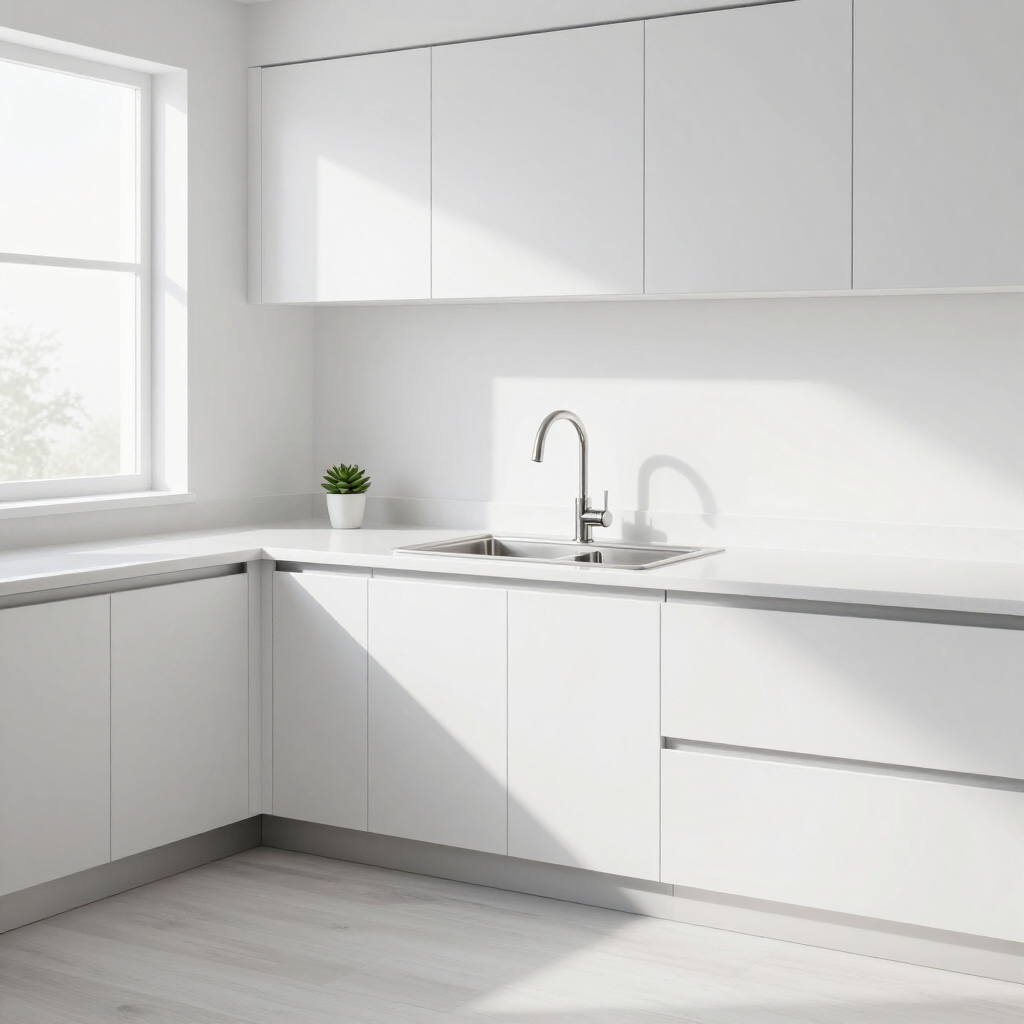 Minimal white kitchen with sink, window light, and sleek cabinets