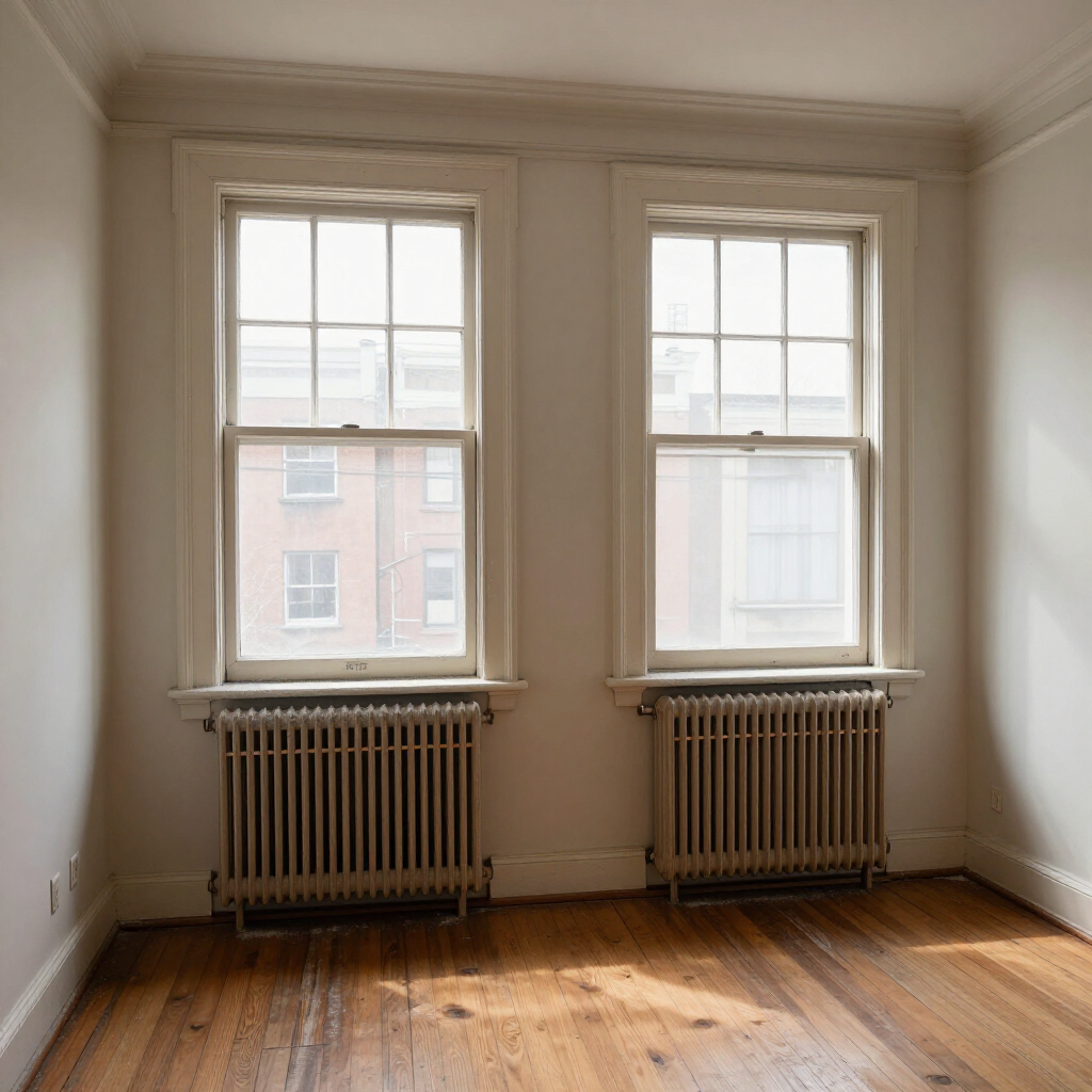 Empty room with two tall windows, radiators beneath, and sunlit wooden floors
