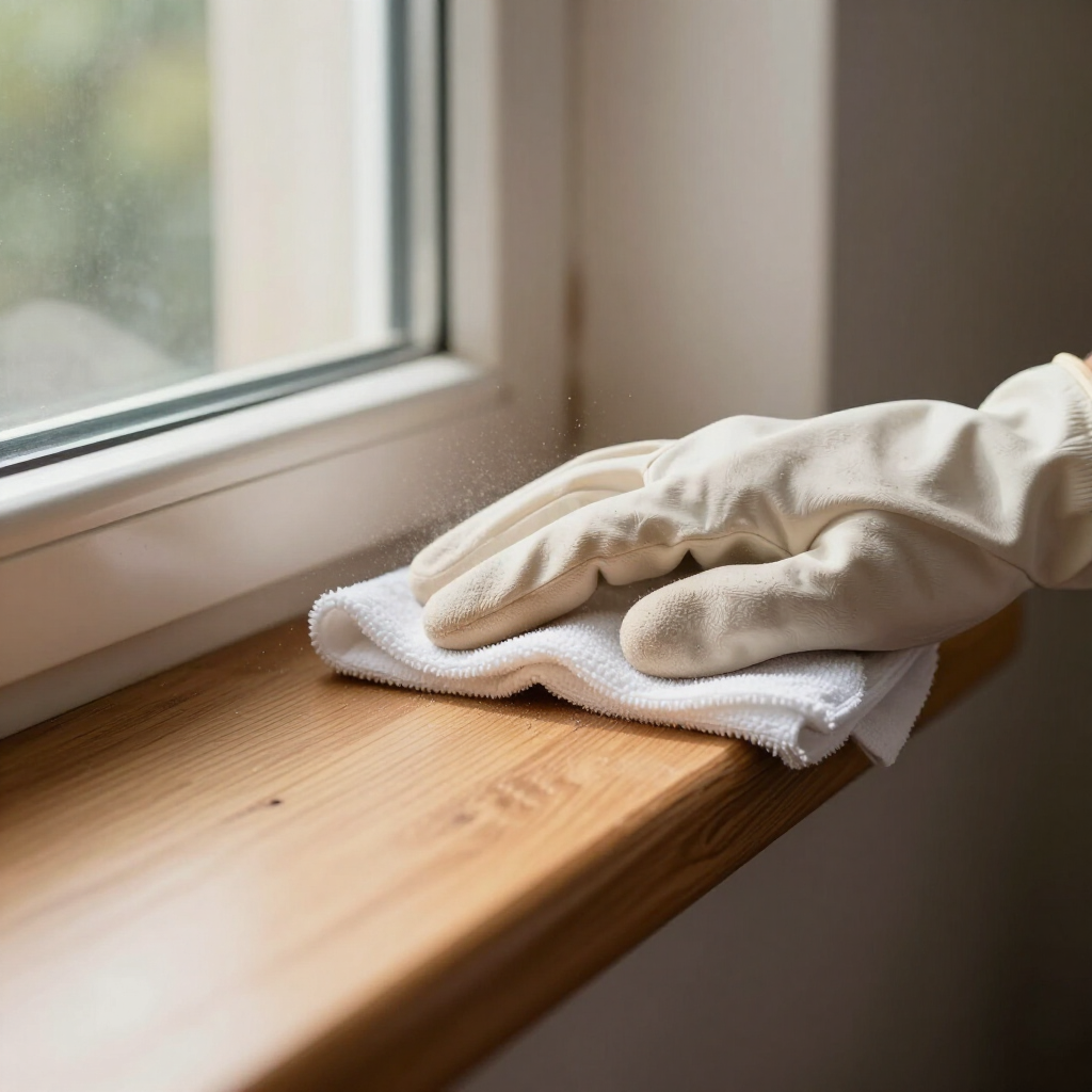 Cleaning cloths on a wooden windowsill beside a sunlit window