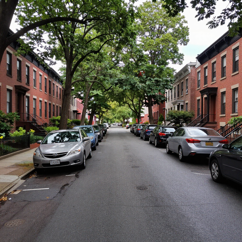 Tree-lined residential street with parked cars and red-brick row houses on both sides