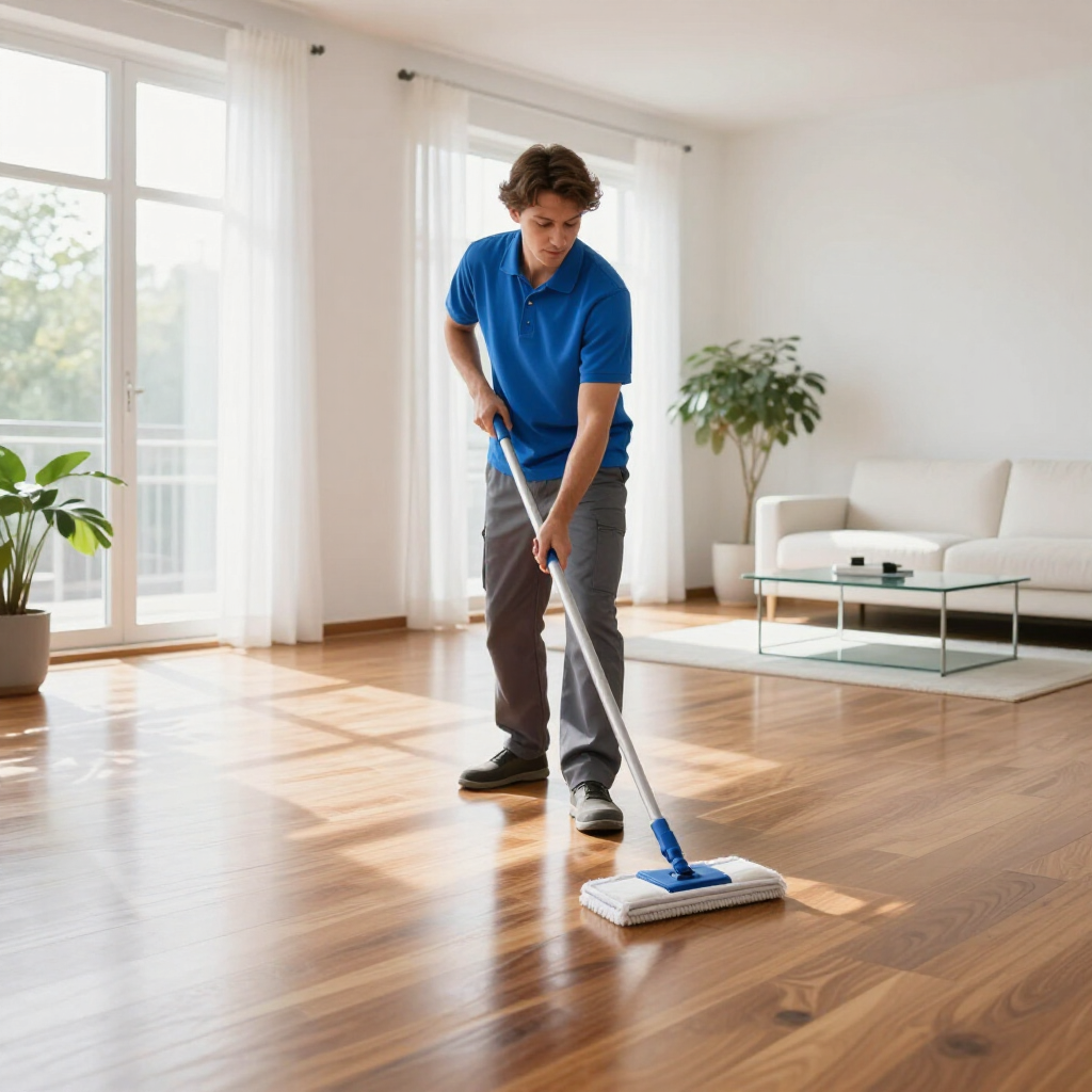 Person mopping a sunlit hardwood floor in a bright living room with white furniture