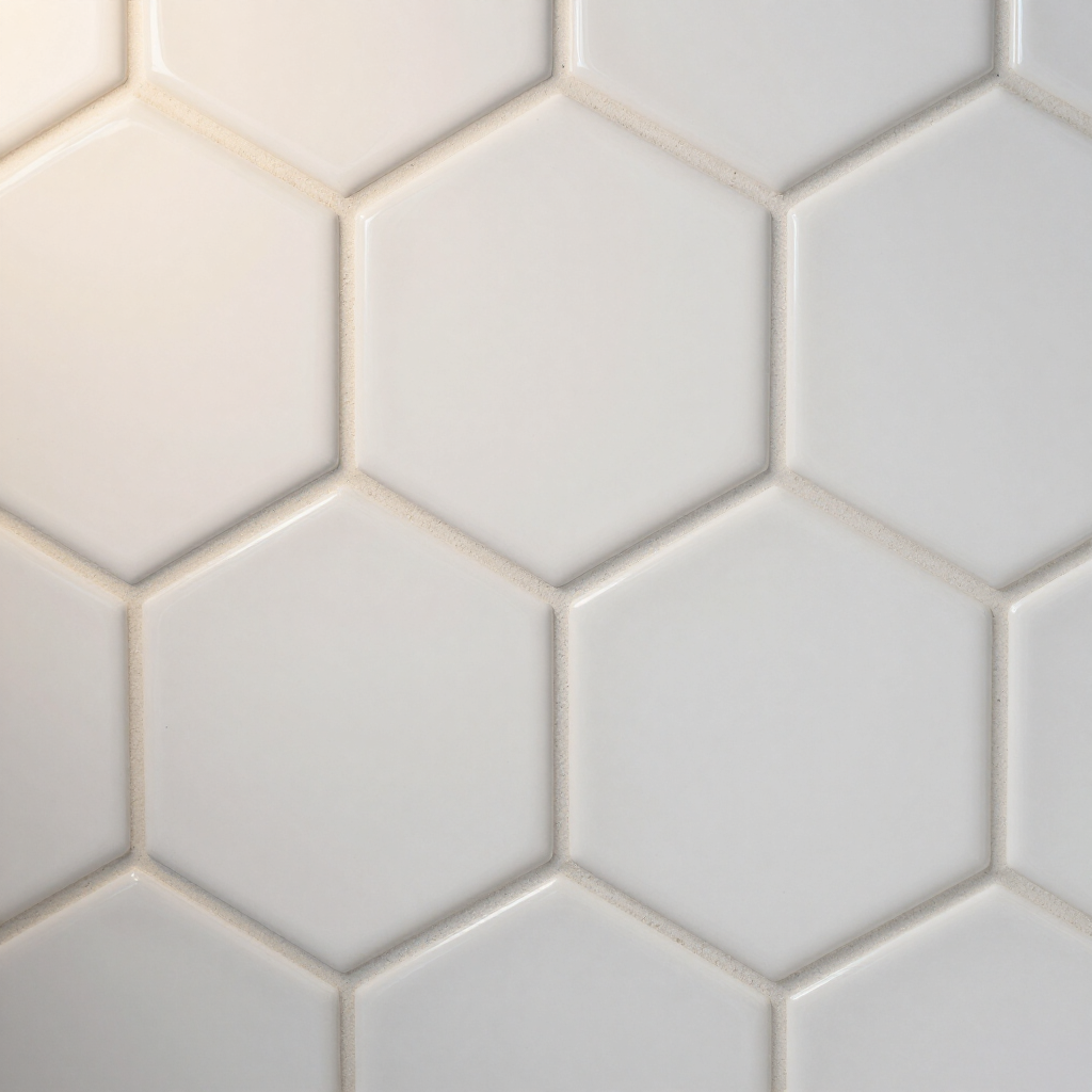 White hexagonal tile pattern with light gray grout lines in a close-up view