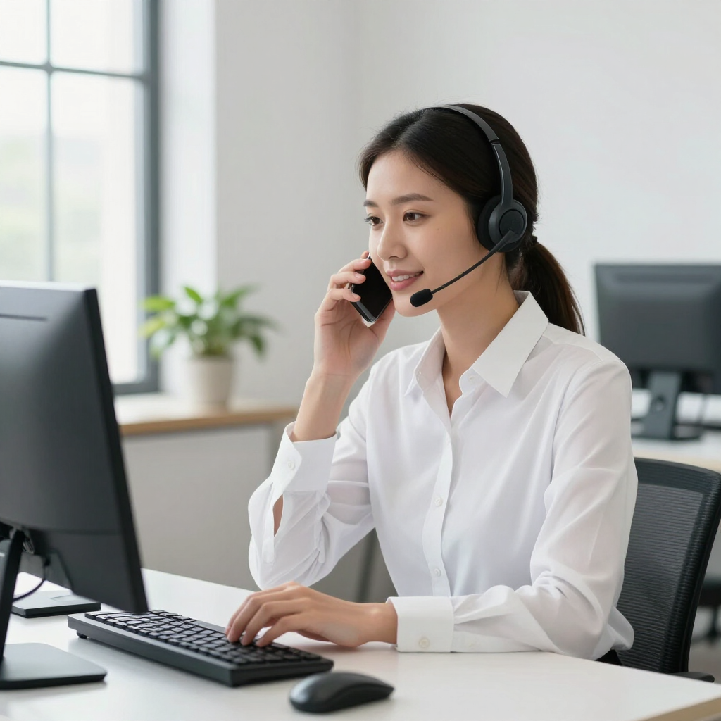 Customer support agent wearing a headset, smiling at a desk with a computer in a bright office