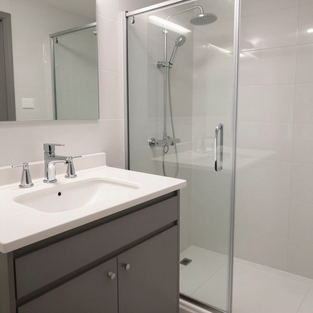 Modern bathroom with white sink vanity, mirror, and glass-enclosed shower