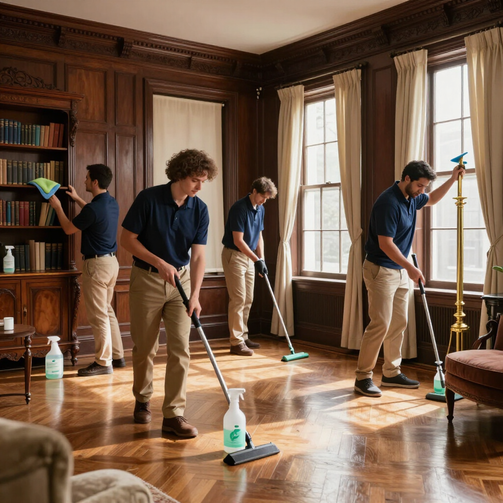 Four workers mopping a polished wooden floor in a sunlit library with tall windows and bookshelves