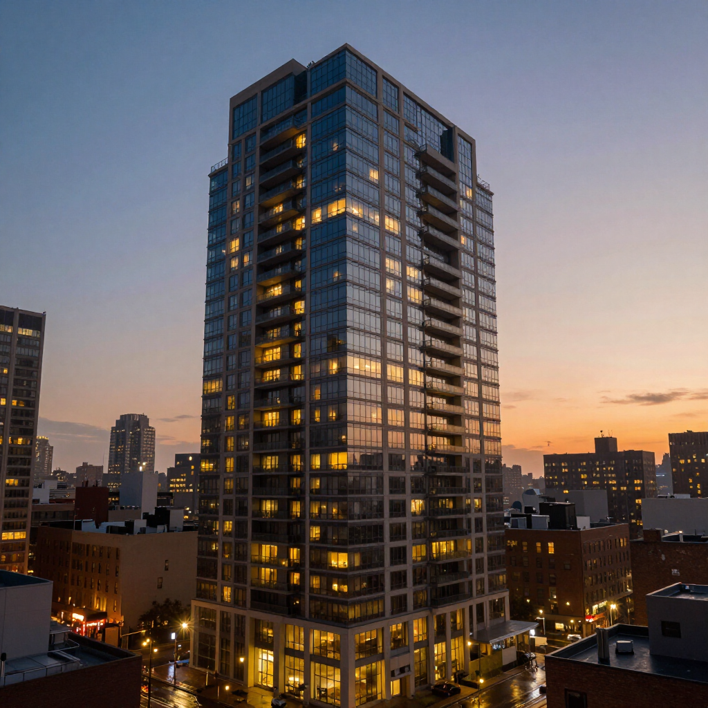 Glass high-rise at dusk with city lights and warm sunset sky